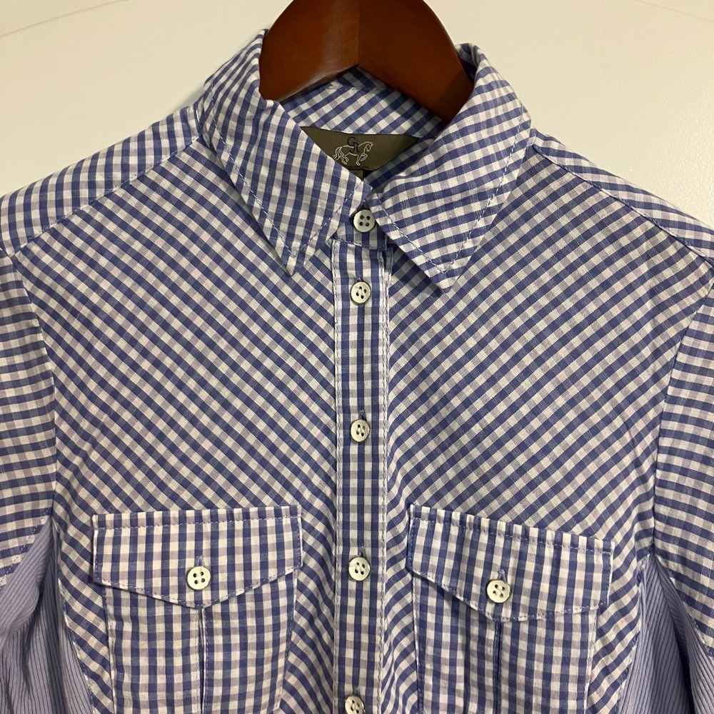 Goode Rider "Go To Shirt" blue gingham button down 3/4 sleeve Sz XS equestrian - Picture 2 of 9